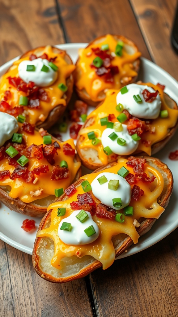 Loaded baked potato jackets with cheese, bacon, sour cream, and green onions on a wooden table.